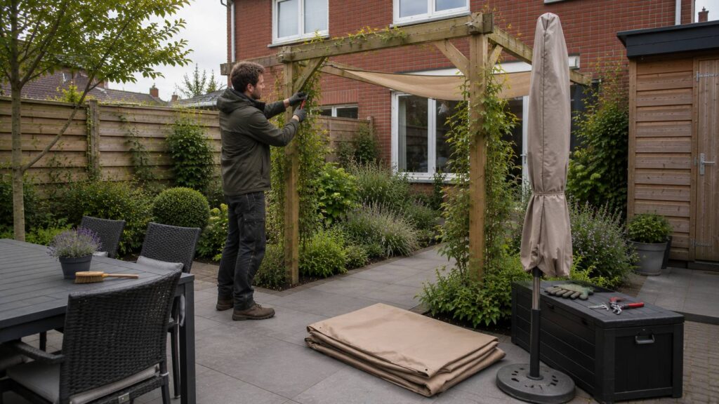 Pergola, overkapping en schaduwdoek vergelijken voor terrasbeschutting met hovenier, meetlint en materiaalstalen.