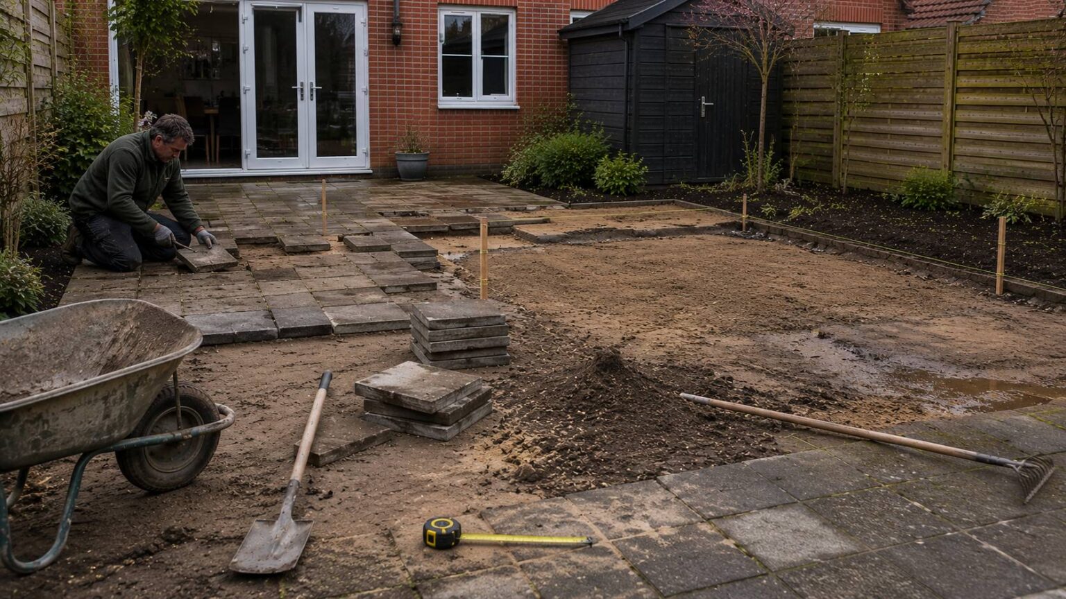 Oude bestrating vervangen met verwijderde terrastegels, blootliggend zandbed, meetlint en gestapelde herbruikbare tegels. tuin leeghalen renovatie