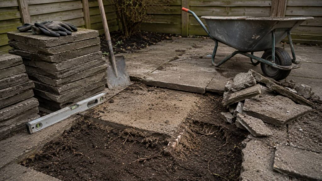 Oude bestrating verwijderen met herbruikbare tegels, zandbed, wortels, puin en kruiwagen tijdens tuinrenovatie.