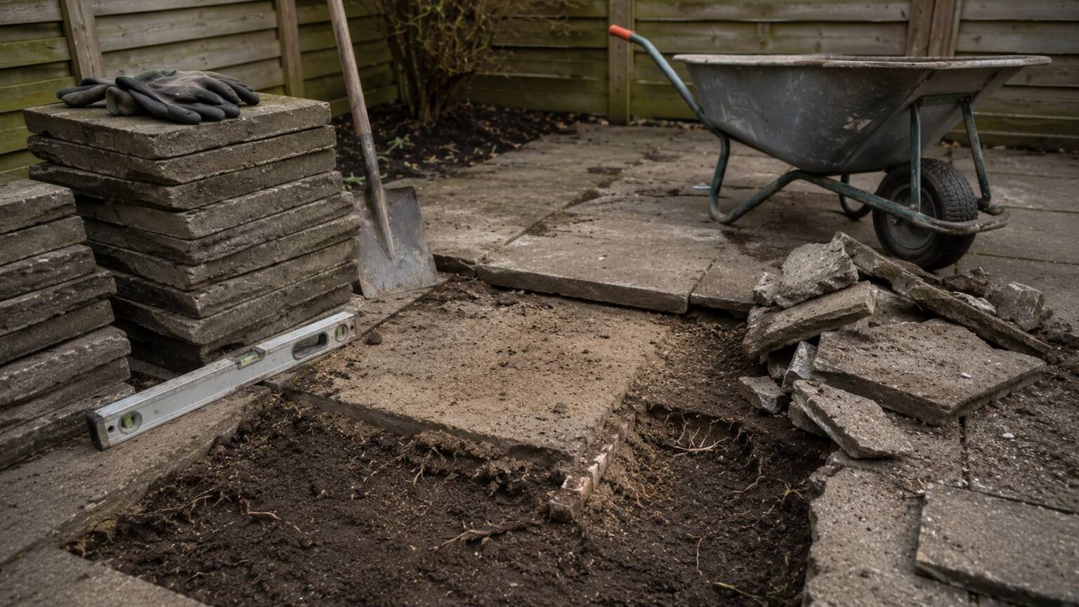Oude bestrating verwijderen met herbruikbare tegels, zandbed, wortels, puin en kruiwagen tijdens tuinrenovatie. kosten bestrating vervangen