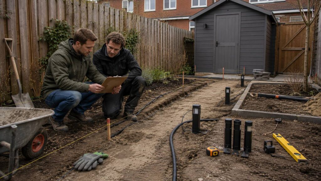Kabelroutes voorbereiden voor padverlichting tuin met sleuven, mantelbuizen, lichtpunten en hovenier.