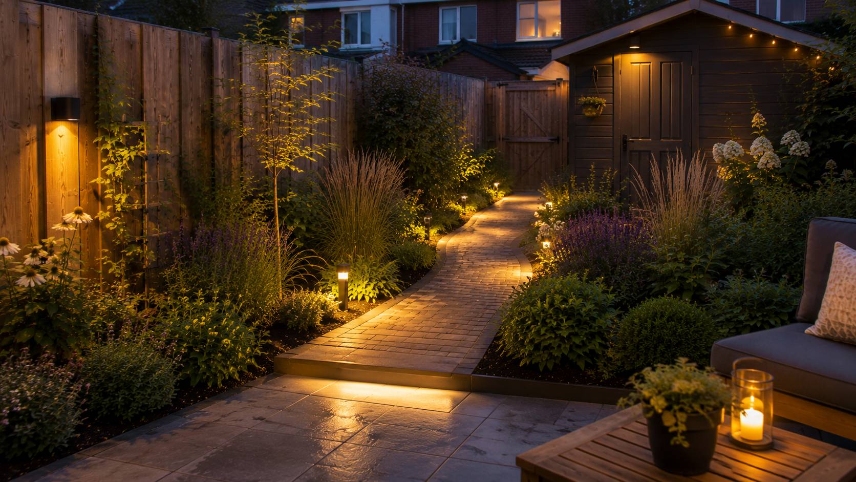 Padverlichting tuin langs een tuinpad naar schuur en poort met warme lage lampen en borders. padverlichting tuin