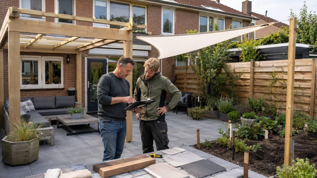 Terras beschutting onderhouden met schaduwdoek, parasolhoes, pergola, klimplanten, snoeischaar en weerbestendige materialen.