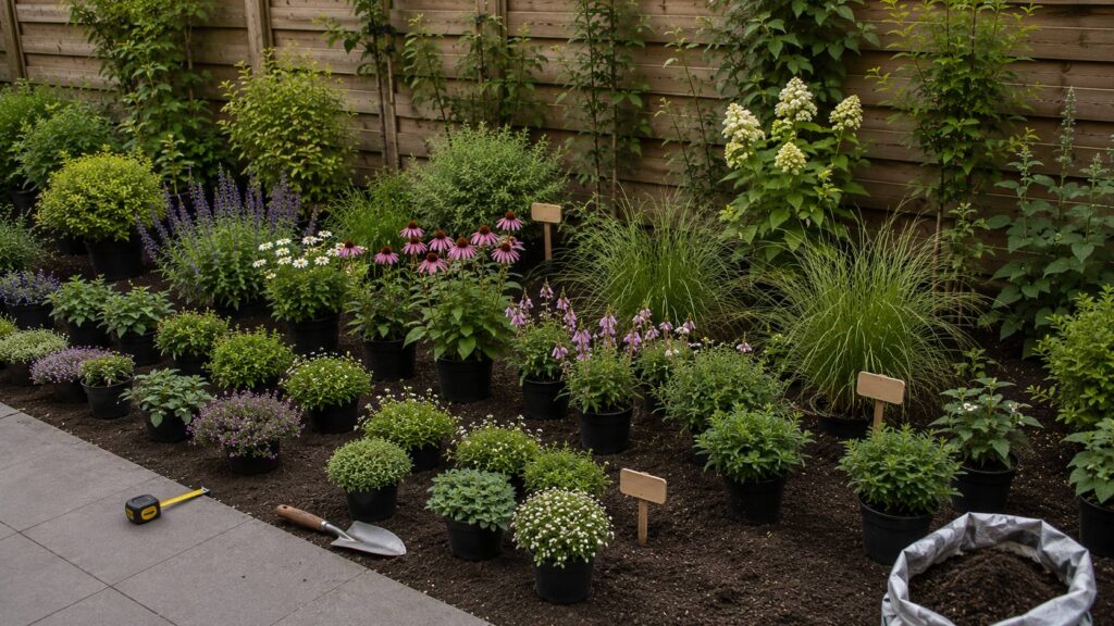 Planten op hoogte indelen in een border met lage planten vooraan, middelhoge planten in het midden en hoge planten achteraan.