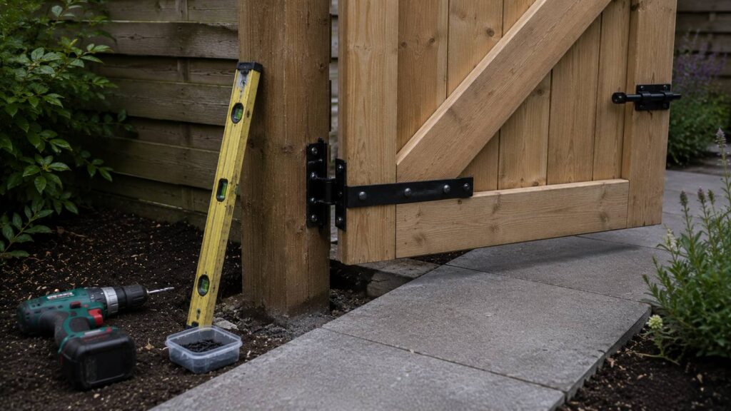 Poortdeur tuin plaatsen met stevige paal, scharnieren, slot en vrije ruimte boven de bestrating.
