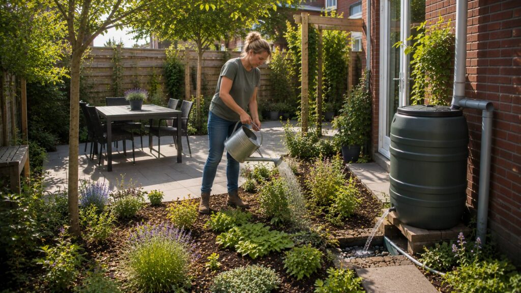 Verkoeling in de tuin met regenton, mulch, bodembedekkers, gezonde bodem, jonge heesters en regenwatergebruik. tuin opknappen klein budget
