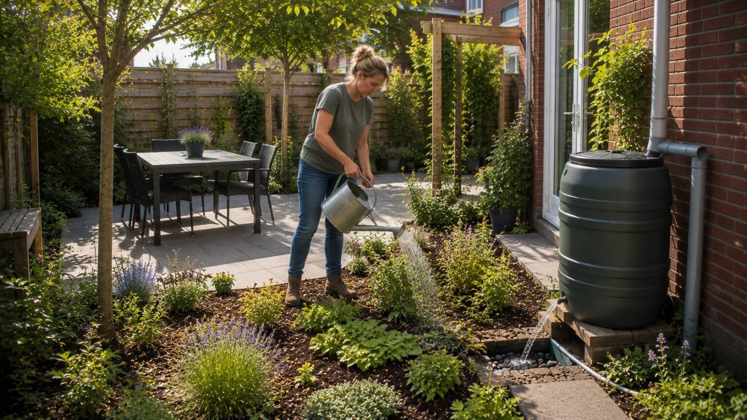 Verkoeling in de tuin met regenton, mulch, bodembedekkers, gezonde bodem, jonge heesters en regenwatergebruik. tuin opknappen klein budget