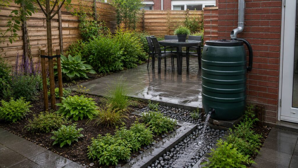 Regenwater opvangen in een Nederlandse tuin met regenton, overloop naar border en grindstrook. tuin hoosbuien