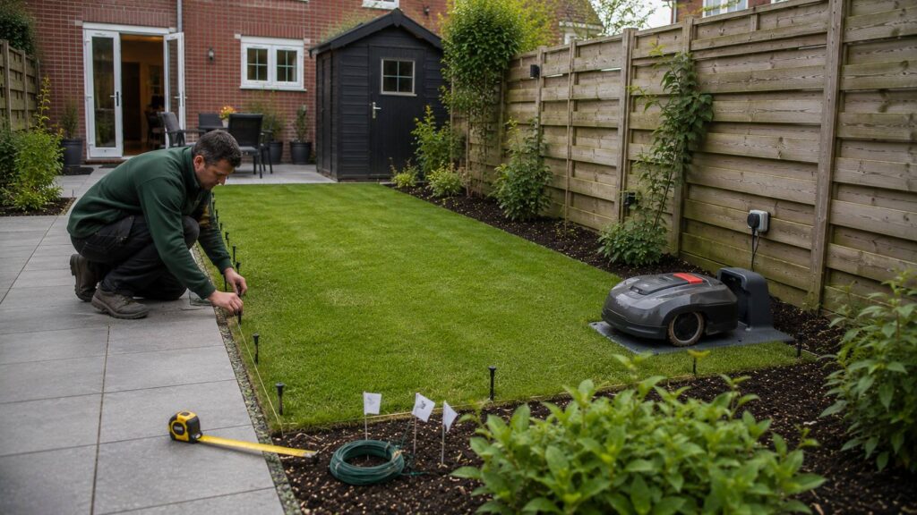 Robotmaaier voorbereiden met laadstation, stroompunt, gazonranden en markeringen tijdens een tuinrenovatie.