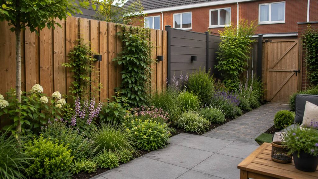 Houten en composiet schutting gecombineerd met borders, siergrassen en andere beplanting in de tuin.