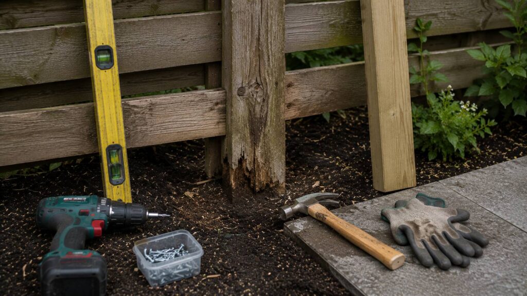 Houtrot, losse planken en zwakke schuttingpaal controleren tijdens schuttingherstel in de tuin.