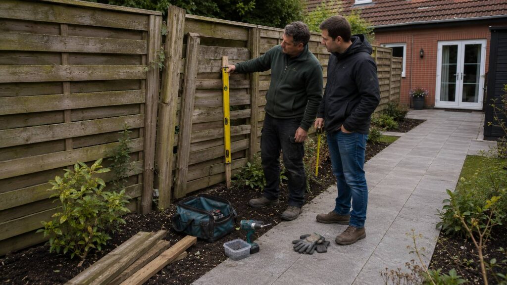 Hovenier en huiseigenaar beoordelen of een oude houten schutting gerepareerd of vernieuwd moet worden. schutting repareren of vernieuwen