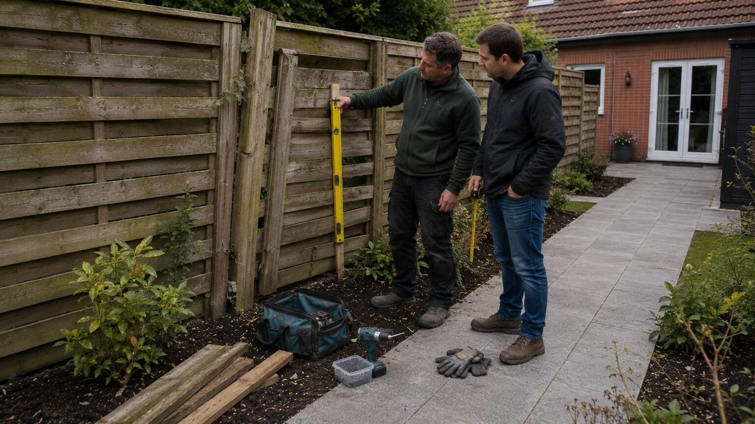 Hovenier en huiseigenaar beoordelen of een oude houten schutting gerepareerd of vernieuwd moet worden. schutting repareren of vernieuwen