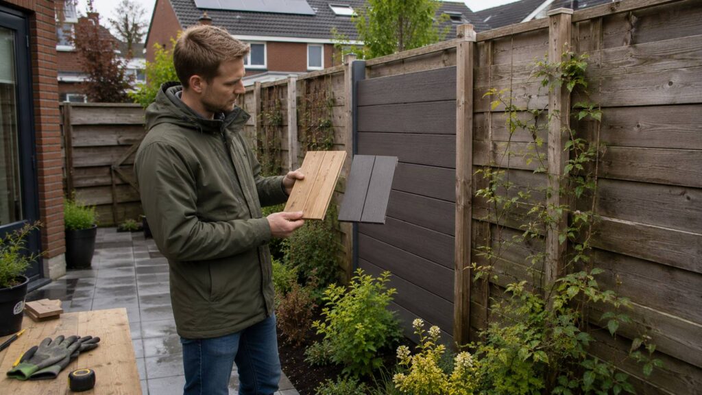 Huiseigenaar vergelijkt hout en composiet voor een schutting tijdens een tuinrenovatie.
