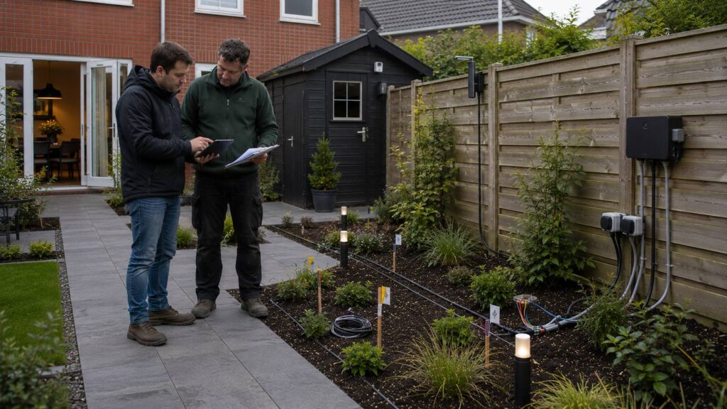 Slimme tuin voorbereiden met buitenstopcontacten, kabelroutes, wifi-bereik, lichtpunten en uitbreidbare zones.