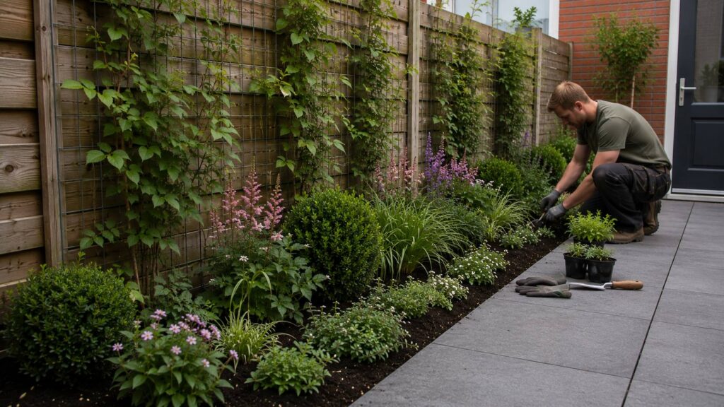 Smalle border op hoogte indelen met bodembedekkers, compacte vaste planten, siergrassen en klimplanten langs een schutting.
