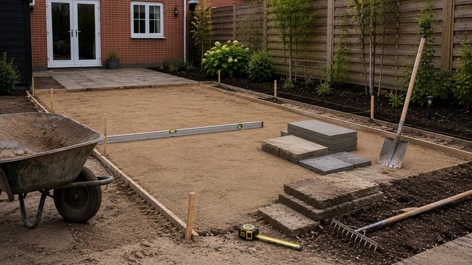 Nieuwe ondergrond voor tuinbestrating met verdicht zandbed, touwlijnen, waterpas, randmarkering en gestapelde tegels. ondergrond verdichten tuin