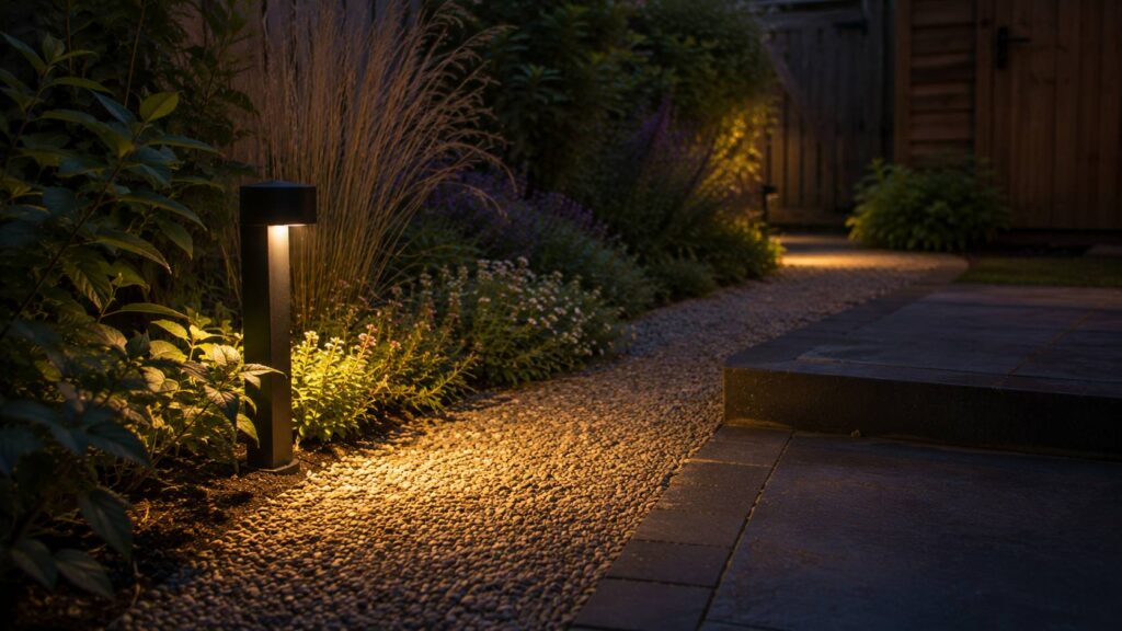 Subtiele tuinpad verlichting met warme neerwaartse lichtbundel langs pad en border zonder verblinding.