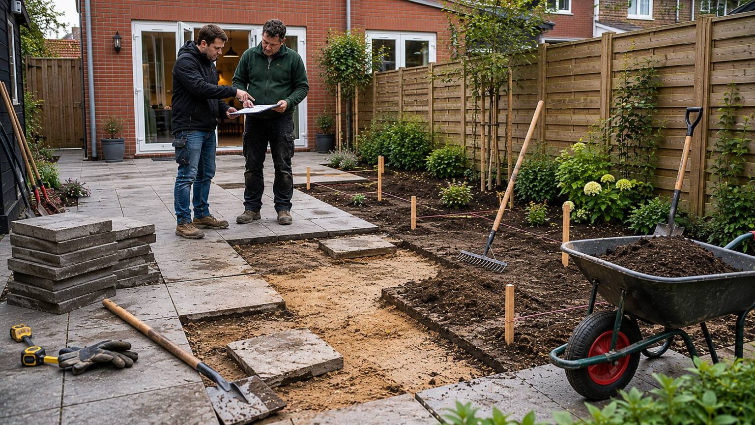 Tegels eruit groen erin tijdens tuinrenovatie met verwijderde tuintegels, zandbed, meetlint en toekomstige plantvakken. tegels eruit groen erin