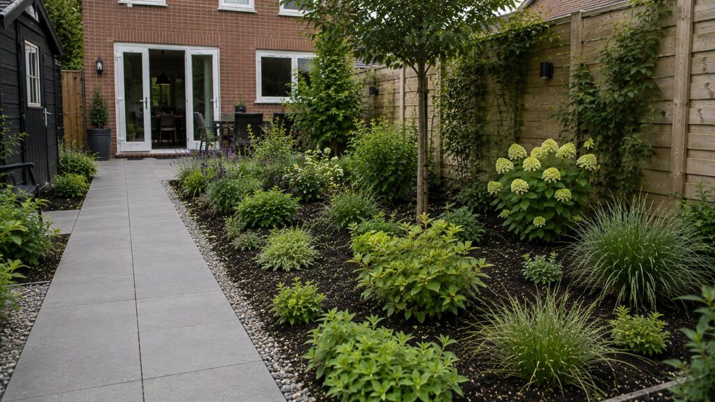 Tegels vervangen door groen met nieuwe border, bodembedekkers, siergrassen, heesters en smal tuinpad.
