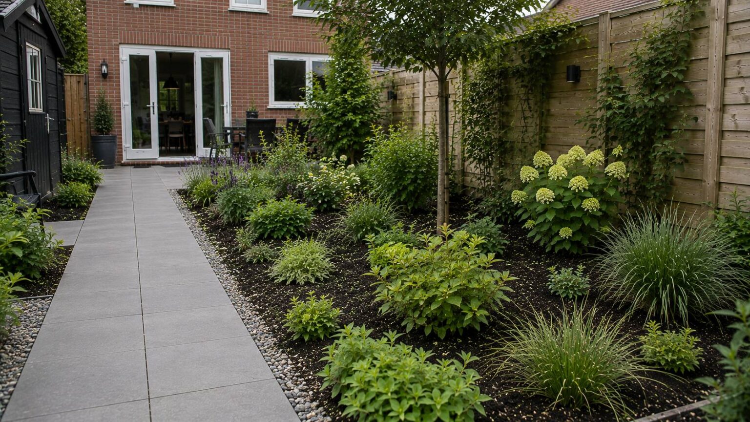 Tegels vervangen door groen met nieuwe border, bodembedekkers, siergrassen, heesters en smal tuinpad. droogtebestendige tuin