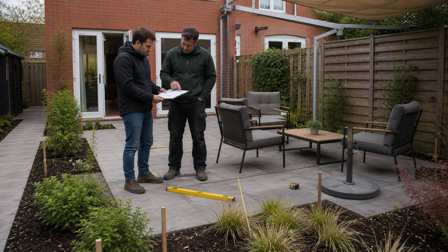 Terras comfort beoordelen tijdens tuinrenovatie met hovenier, tuinplan, meetlint, stoelen en nieuwe bestrating. terras comfort