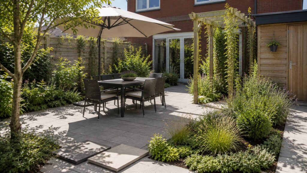Terras koeler maken met parasol, lichte bestrating, pergola, klimplanten, heesters en groene borders.