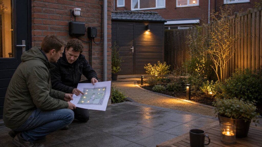 Transformator, schakelaar, sensor en lichtzones voor tuinverlichting gepland in een gerenoveerde achtertuin.