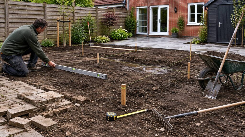 Tuin egaliseren met markeringspalen, touwlijnen, waterpas en meetlint tijdens grondwerk in een Nederlandse achtertuin.