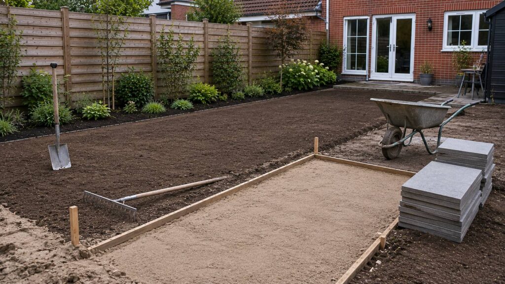 Tuin vlak maken met geëgaliseerde grond, zandbed voor terras, gestapelde tegels en duidelijke overgang naar borders.