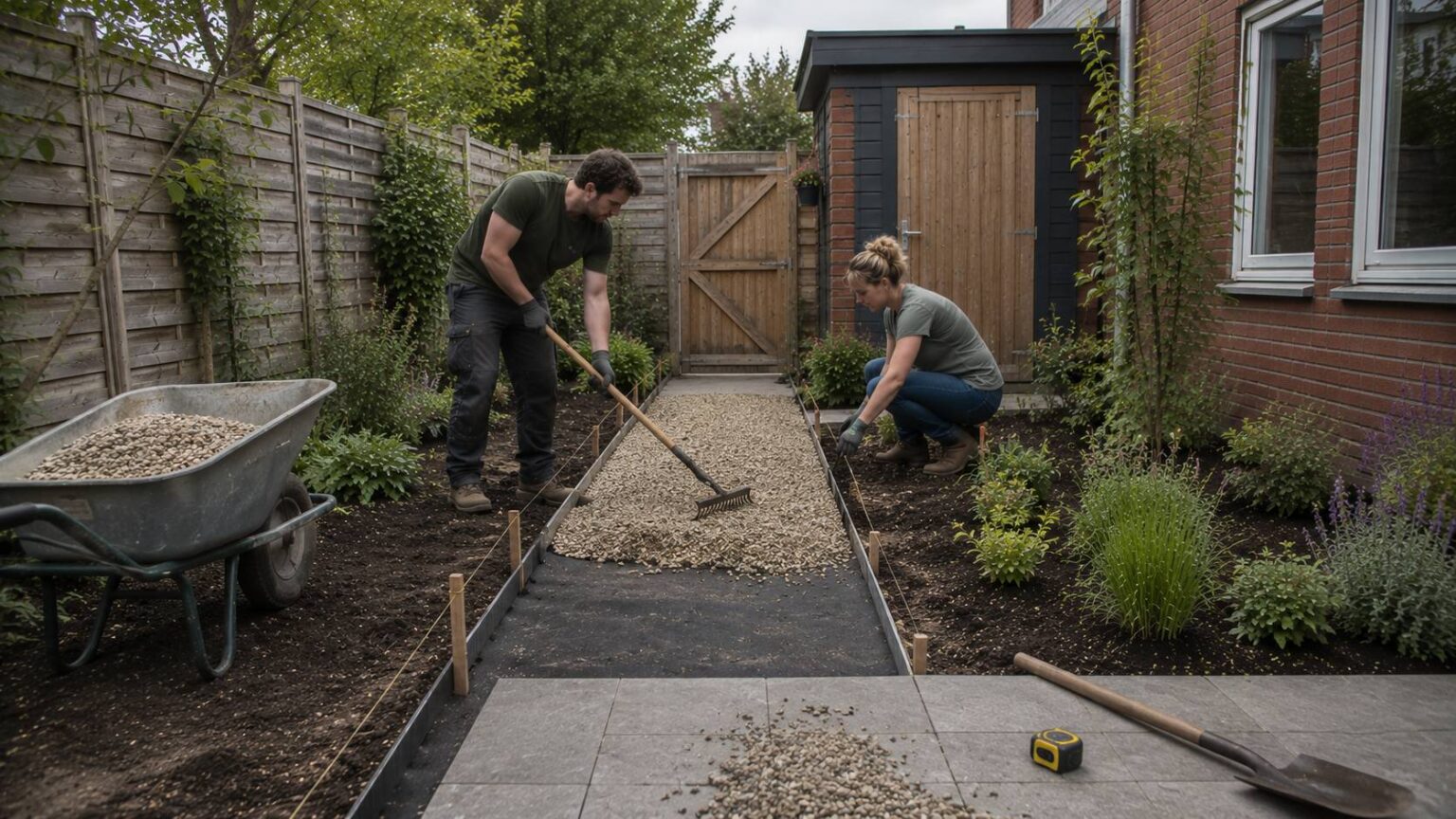 Afgewerkt tuinpad met grind, strakke randen, borders, hark en extra grind voor onderhoud in een achtertuin. halfverharding tuin