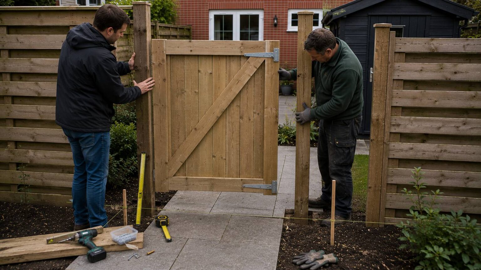 Tuinpoort plaatsen tussen stevige schuttingpalen met waterpas, meetlint en hangwerk in een Nederlandse achtertuin.