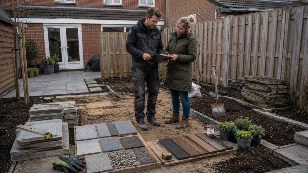 Tuinrenovatie offerte beoordelen met hovenier, materiaalstalen, oude bestrating, zandbed, opsluitranden en plantmateriaal. betontegels of keramische tegels. fouten tuinrenovatie