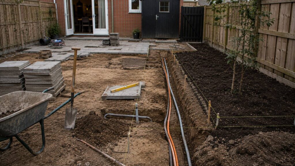 Vroege stappen tuinrenovatie met verwijderde tegels, kabelsleuven, mantelbuizen, grondwerk en voorbereiding voor bestrating. bestrating hergebruiken