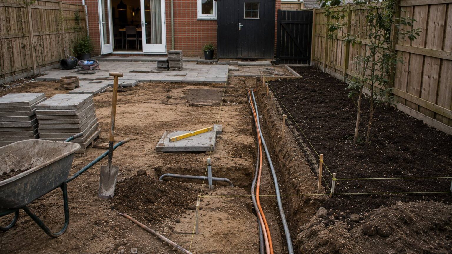Vroege stappen tuinrenovatie met verwijderde tegels, kabelsleuven, mantelbuizen, grondwerk en voorbereiding voor bestrating. bestrating hergebruiken