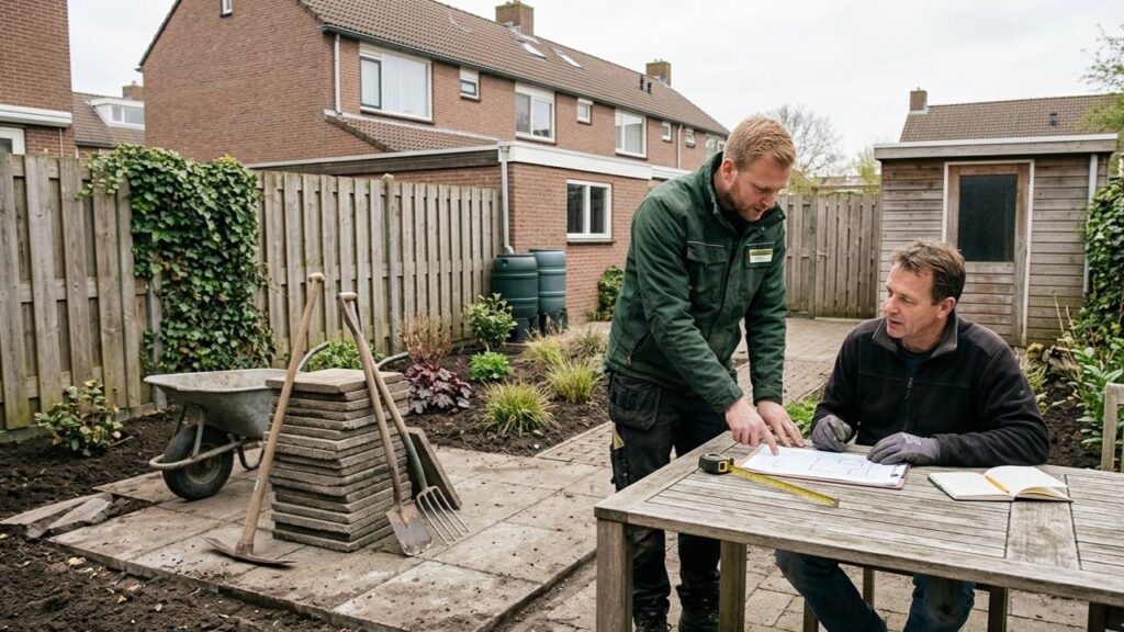 Huiseigenaar en hovenier vergelijken kosten van tuinrenovatie zelf doen of uitbesteden in een Nederlandse achtertuin. tuinrenovatie zelf doen kosten
