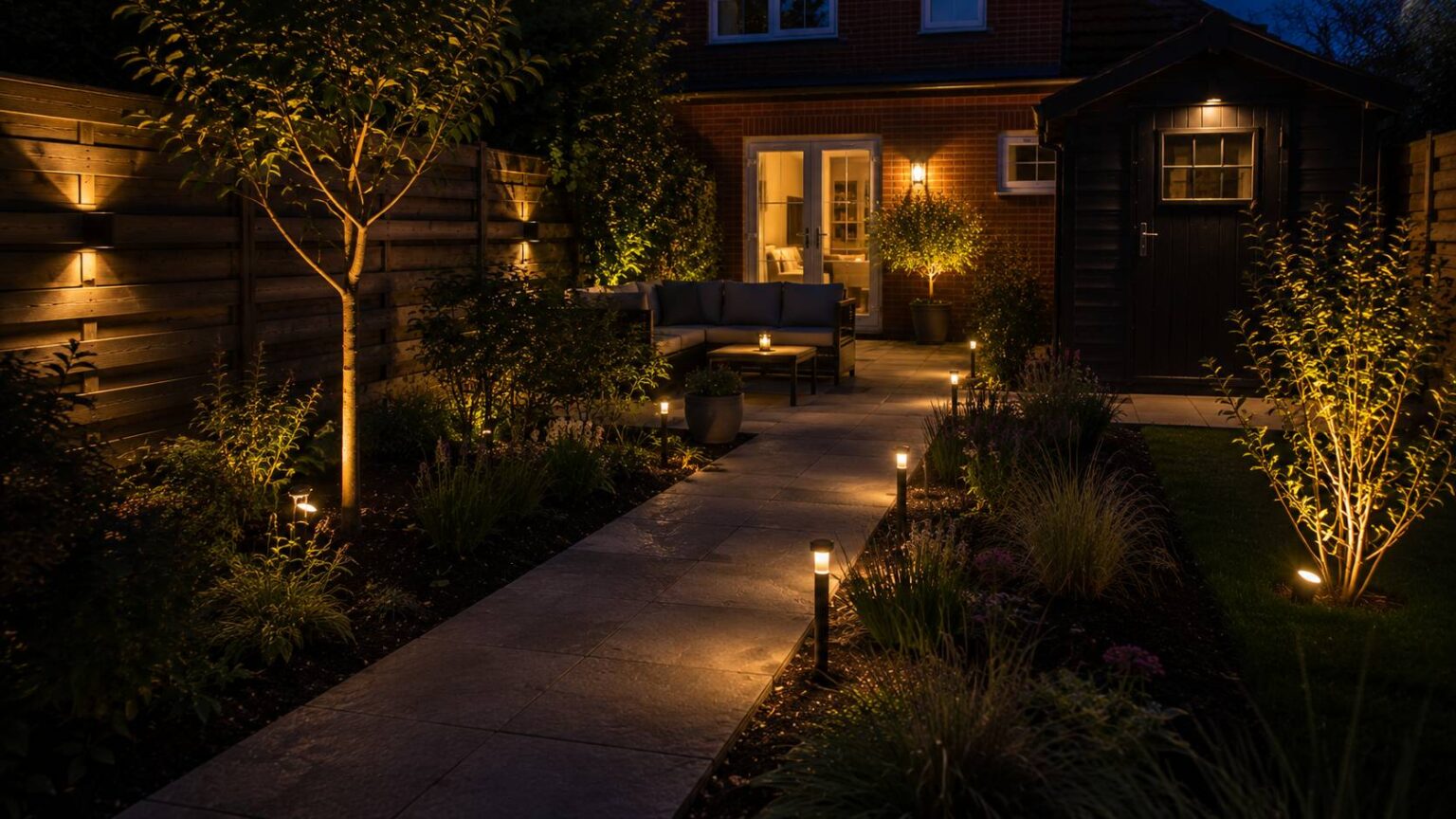 Sfeervol lichtplan voor de tuin met padverlichting, accentverlichting bij beplanting en zachte terrasverlichting. sfeerverlichting tuin