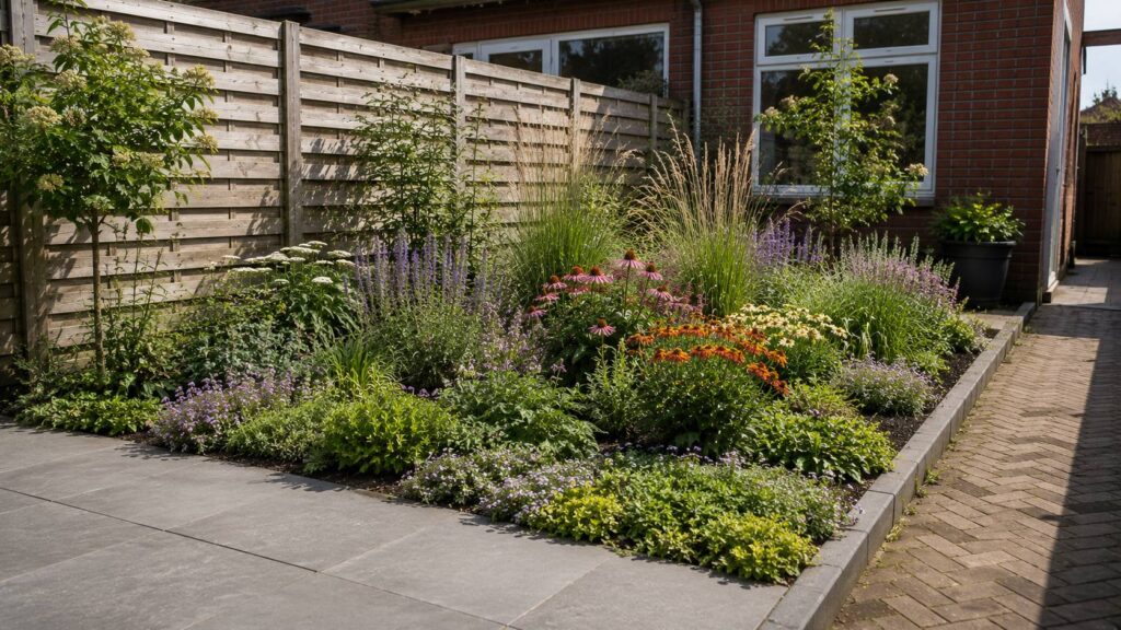 Planten zonnige tuin met vaste planten, siergrassen en bodembedekkers in een zonnige border naast terras en tuinpad. planten zonnige tuin