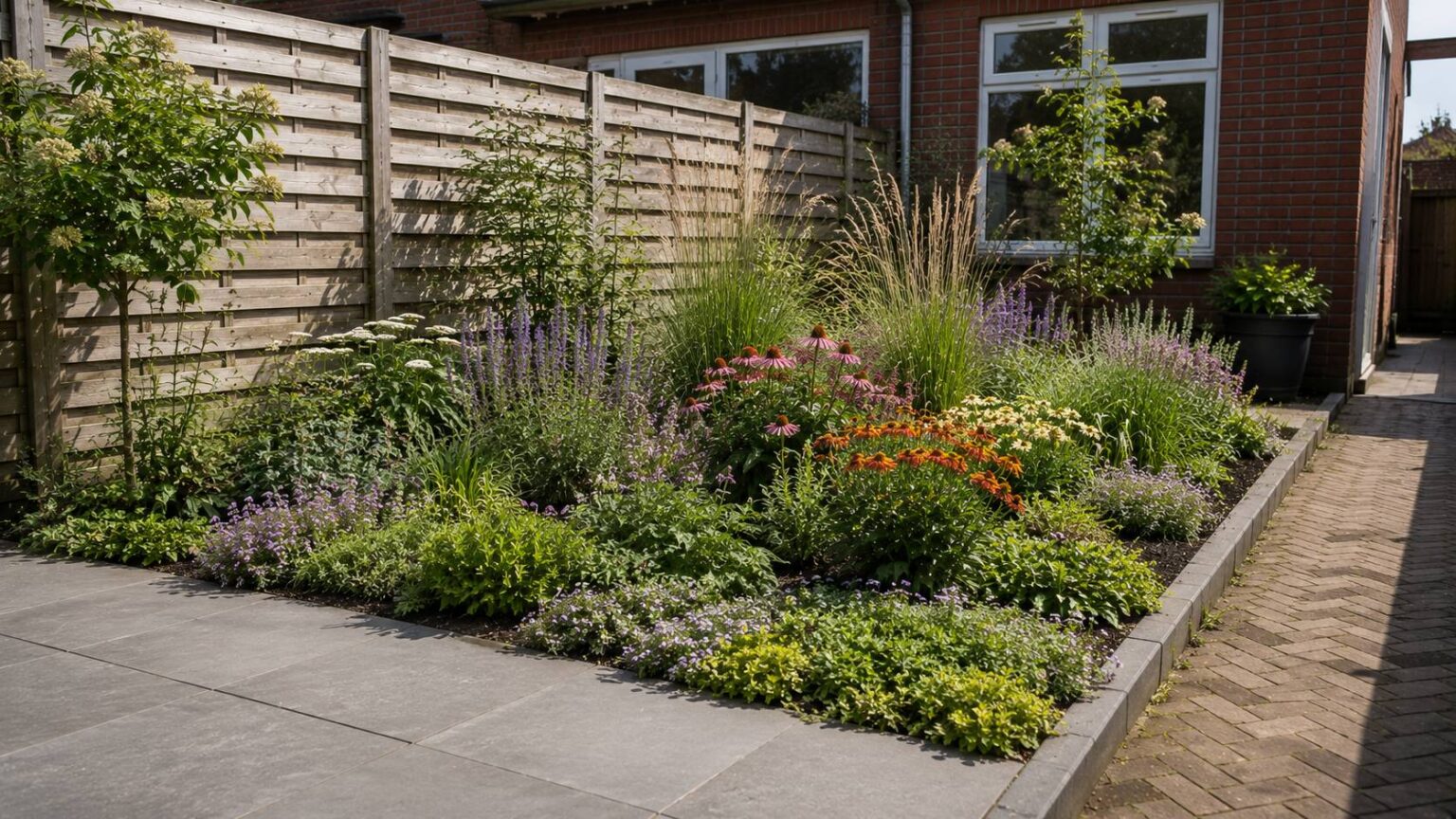 Planten zonnige tuin met vaste planten, siergrassen en bodembedekkers in een zonnige border naast terras en tuinpad. planten zonnige tuin