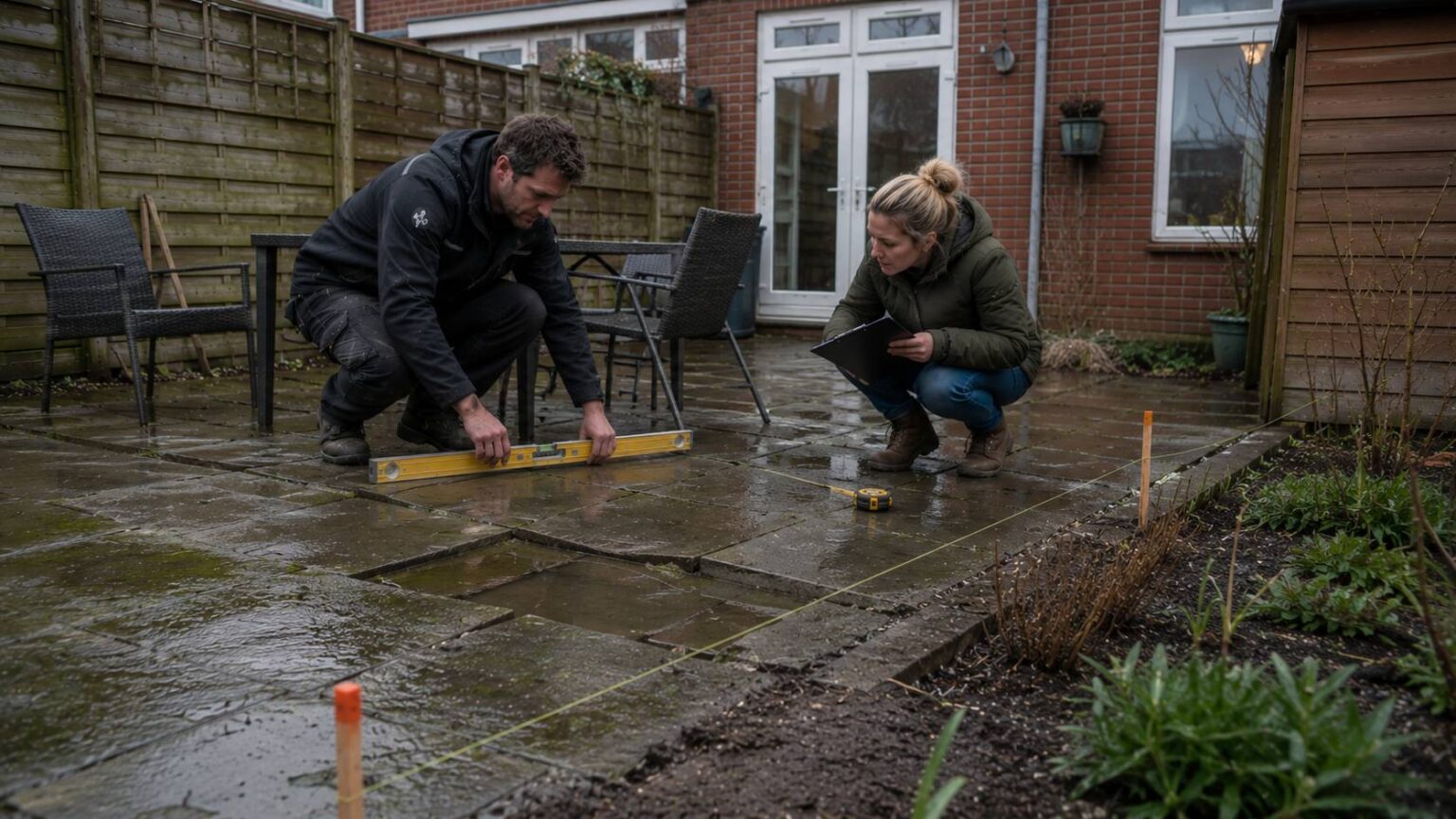 Verzakt terras herstellen met ongelijke terrastegels, plassen, meetlint, waterpas en hovenier tijdens inspectie. verzakt terras herstellen