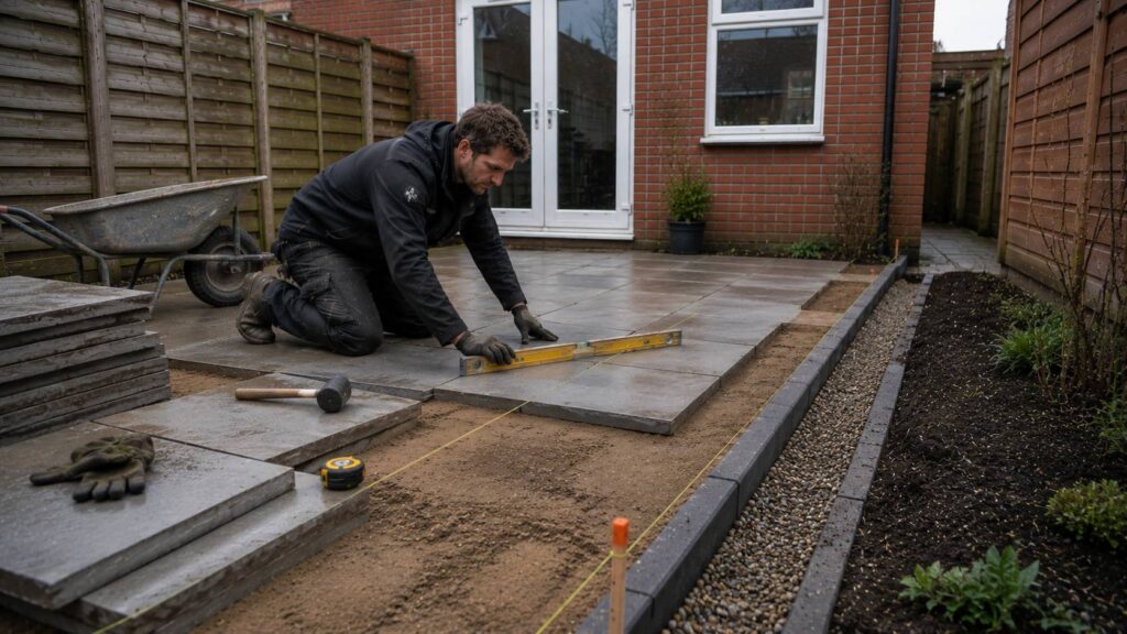 Verzakte terrastegels herstellen met nieuw zandbed, opsluitranden, voegzand, waterpas en afschot van de woning af.