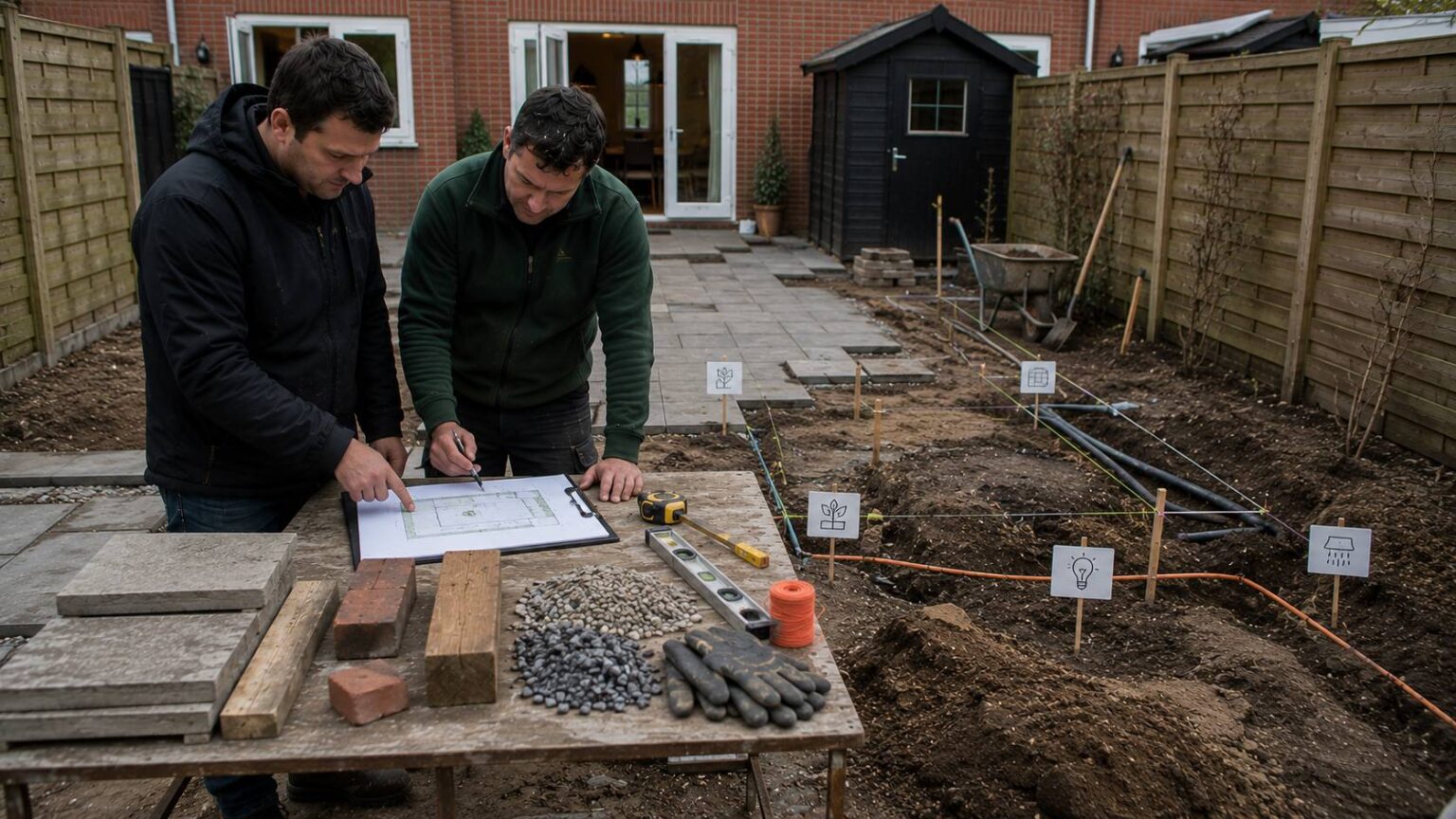 Volgorde tuinrenovatie plannen met hovenier, tuinplan, meetlint, markeringen, oude bestrating en toekomstige plantvakken. volgorde tuinrenovatie