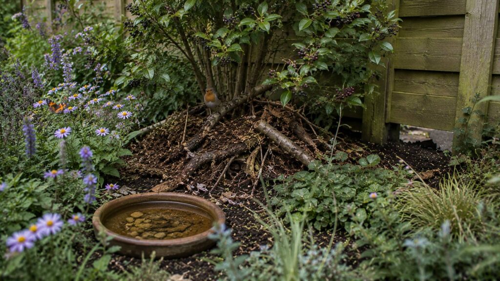 Diervriendelijke tuinhoek met bloeiende planten, waterbak, bladhoop, takken, egeldoorgang en beschutting.