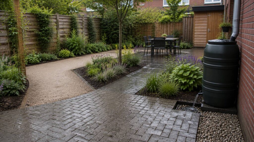 Waterdoorlatende bestrating met grindstroken en halfverharding in een gerenoveerde tuin. regenwater infiltreren tuin