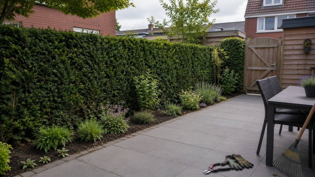 Wintergroene haag privacy met dichte groene erfafscheiding, terras, border en snoeigereedschap in een achtertuin.