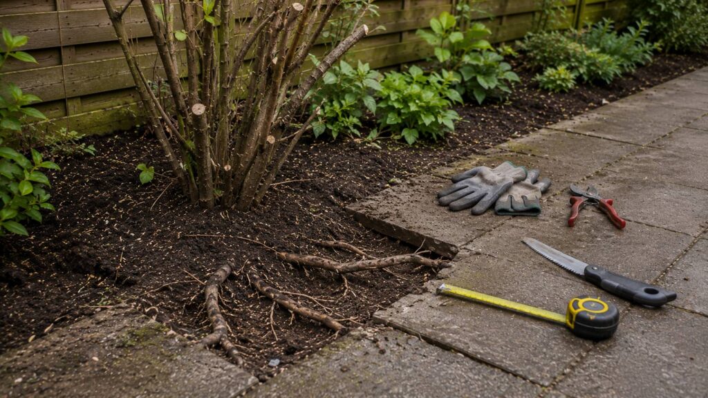 Wortels en oude struiken controleren bij opdruk van tuintegels tijdens een tuinrenovatie.