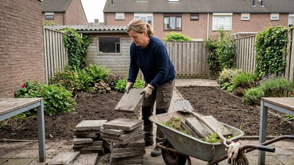 Zelf tuinrenovatie voorbereiden door oude tegels te sorteren, groenafval te verwijderen en materialen te hergebruiken. grondwerk tuin voorbereiden. terrastegels vervangen