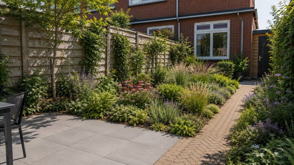 Zonnige borders rond terras, tuinpad en schutting met vaste planten, bodembedekkers, siergrassen en klimplanten.